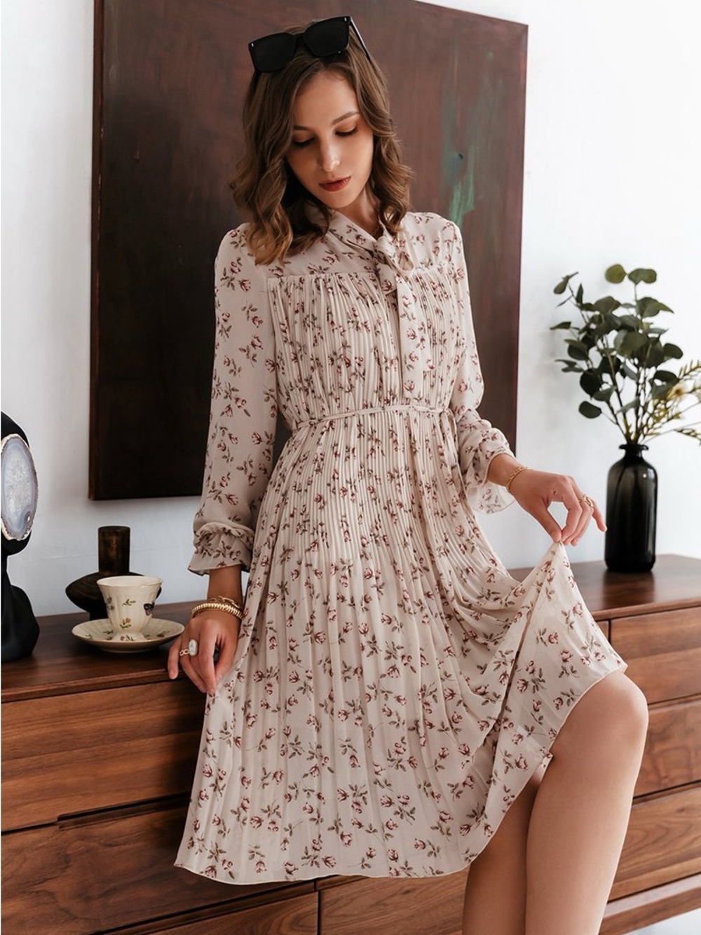 Simple Cream Midi Dress with Red Floral Print and Tie Neck